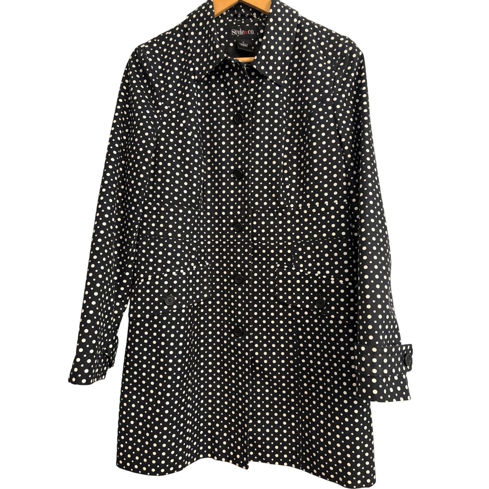 Style&co Trench Coat Medium Women Black Chic Polka Dot Cotton Button Front